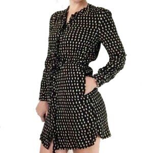 Madewell Button Up Paint Dot Mini Dress M Long Sleeve Tie Belt Black Cream